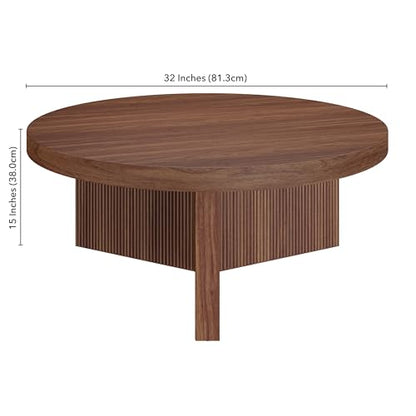 Henn&Hart 36" Scandinavian Fluted Coffee Table, Medium Walnut | Ribbed pedestal base and low profile bring Scandinavian style to small spaces including living rooms or family rooms - color: Medium Walnut, size: 36 inches