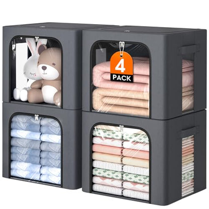 4 Pack Clothes Storage Bins with Metal Frame, Light Grey, 40L | Foldable Storage Boxes with Clear Window, Front & Top Zipper Openings, Stackable Organizer with Handles for Closet & Bedroom