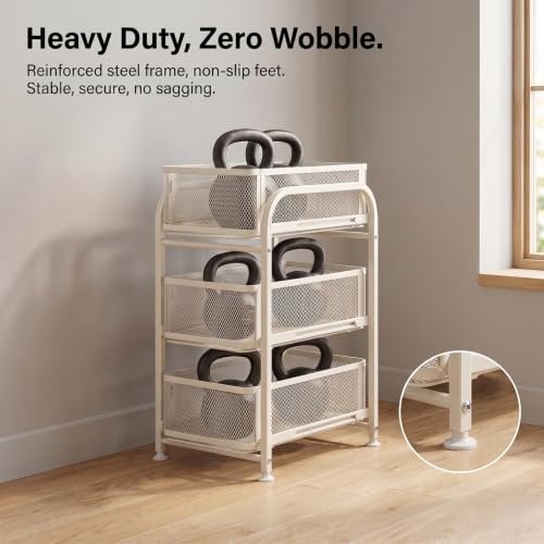3 Tier Under Sink Organizer, Pull Out Cabinet Storage Organizer with Sliding Mesh Drawers, Heavy Duty Metal Under Sink Storage for Kitchen, Bathroom, Cabinet, Small Space, White, 1 Pack