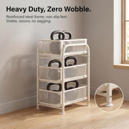 3 Tier Under Sink Organizer, Pull Out Cabinet Storage Organizer with Sliding Mesh Drawers, Heavy Duty Metal Under Sink Storage for Kitchen, Bathroom, Cabinet, Small Space, White, 1 Pack