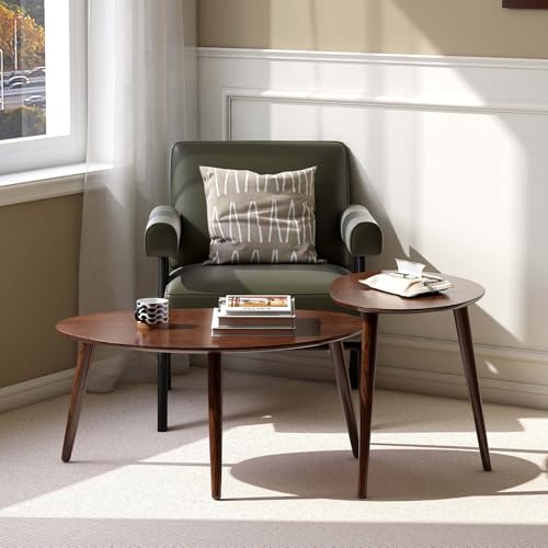 100% Solid Oak Wood Nesting Coffee Table,Mid Century Modern Oval Coffee Tables Set, Round Tables for Living Room, Pebble Side Table for Balcony (Walnut, Combine) - color: Walnut, size: Tall + Large - 2 Piece