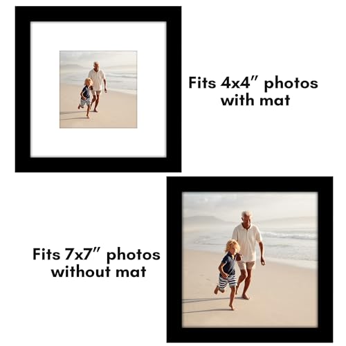 Americanflat 7x7 Picture Frame 2-Pack - Matted to 4x4 - Black | Slim Molding construction, Polished plexiglass front, wall or tabletop display with included easel, triangle hangers included - color: Black, size: 7x7 with 4x4 Mat