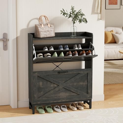 Miereirl Rustic Farmhouse Shoe Cabinet with 2 Flip Drawers, Narrow Entryway Shoe Storage Organizer for 12–16 Pairs, Space-Saving Hallway Shoe Rack with Metal Frame & Top Shelf for Bags (Dark Gray)
