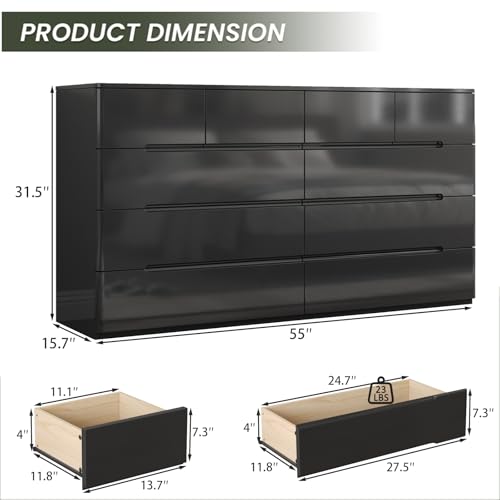10 Drawer Dresser for Bedroom, 55" Long High Gloss Dresser, Black | Modern Dresser Chest of Drawers, Handle-less Design, High Gloss Panel, Dresser TV Stand, Wooden Dressers for Bedroom, Closet - color: Black, size: 15.7"D x 55"W x 31.5"H (10 Drawers)