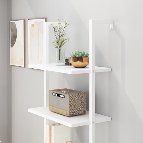 5-Tier White Tall Narrow Bookshelf Ladder, 5 Wooden Ladder Bookshelf Boards, Book Shelf, Stand Shelf, Wall Shelf, 23.6" L X 11.8" W X 70.9" H