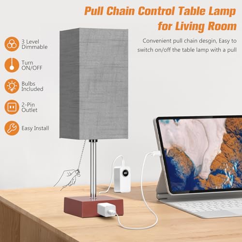 PLMMY Bedside Table Lamp for Bedroom Nightstand, 3 Color Pull Chain Nightstand Lamps Set of 2 with AC Outlets, Square Gray Lampshade Bedside Lamp for Living Room, Office Desk, LED Bulb Included - color: Gray Shade-Brown Base
