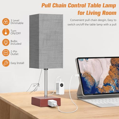 PLMMY Bedside Table Lamp for Bedroom Nightstand, 3 Color Pull Chain Nightstand Lamps Set of 2 with AC Outlets, Square Gray Lampshade Bedside Lamp for Living Room, Office Desk, LED Bulb Included - color: Gray Shade-Brown Base