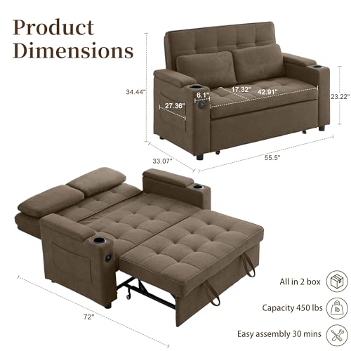 Korser 55.5'' 3-in-1 Convertible Sofa Bed, Pull Out Couch with 5-Position Adjustable Backrest, Loveseat Sleeper Sofa for Small Spaces, Sofa Couch with Cup Holders for Living Room, Office, Chenille - color: Brown