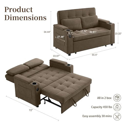 Korser 55.5'' 3-in-1 Convertible Sofa Bed, Pull Out Couch with 5-Position Adjustable Backrest, Loveseat Sleeper Sofa for Small Spaces, Sofa Couch with Cup Holders for Living Room, Office, Chenille - color: Brown
