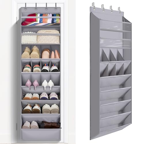 1 Pack Over The Door Shoe Organizer, 8 Shelves Hanging Shoe Organizers, | 68" Exlarge Deep Pockets Shoe Rack for Closet, Shoe Holder for Boots, Sneakers, Heels, Over Door Organizer in Home, RV, Grey - color: GREY, size: 25+ Pairs