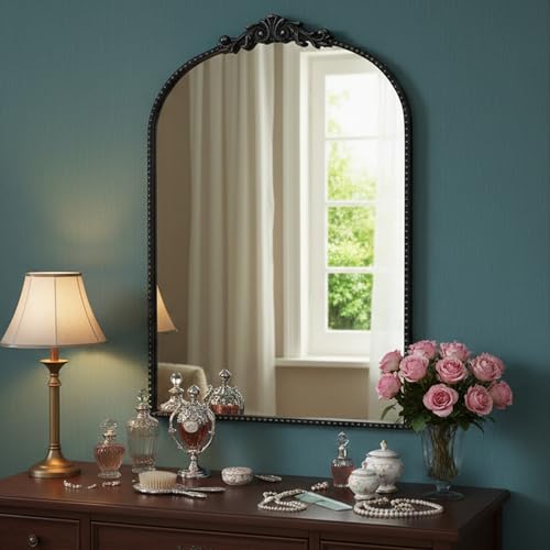 Vintage Baroque Arched Wall Mirror 36"x24", Black Ornate Antique French Traditional Decor Mirror for Entryway Living Room Fireplace (Black Metal,36" x 24") - color: Black Metal, size: 36"L x 24"W