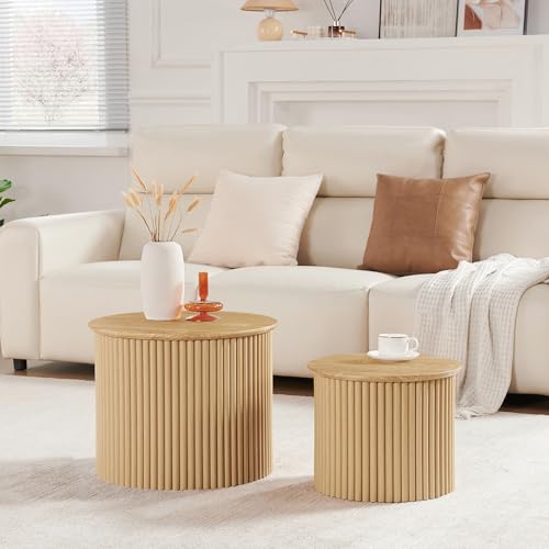Round Nesting Coffee Table Set of 2, Small Fluted Coffee Table Circle Side Table, Boho Modern Wood Nesting Tables Farmhouse End Table Set for Living Room, Bedroom, Small Spaces(Natural) - color: Wood, size: Small-Fluted