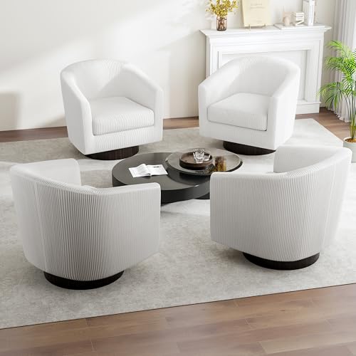Swivel Barrel Accent Chair, Comfy Reading Armchair, Cream White, Set of 2 | Club Chairs for Adults, Low-Back Design, Modern Round Style, Solid Wood Frame & Metal Swivel Base, For Living Room & Bedroom - color: Cream White