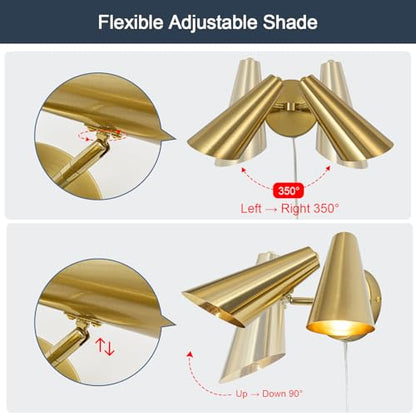 Gold 2-Light Plug in Wall Sconce, Modern Vanity Light Wall Lamp with Rotatable Lampshade Picture Light for Bedroom Living Room Bathroom Foyer - color: B-Gold