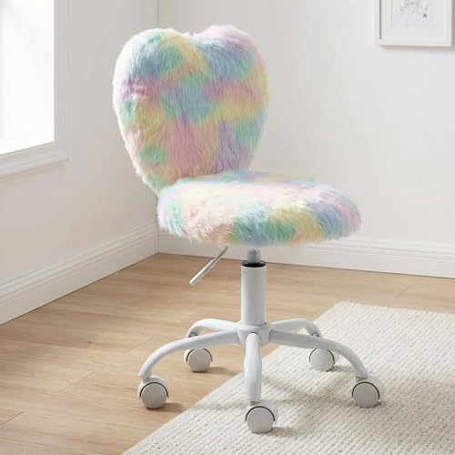chairus Kids Desk Chair Faux Fur Small Study Chair for Teenage Girls, Adjustable Heart Shaped Kids Vanity Chair for Bedroom Reading Living Room, Cute Student Task Chair with White Foot, Macaron - color: Macaron