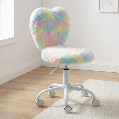 chairus Kids Desk Chair Faux Fur Small Study Chair for Teenage Girls, Adjustable Heart Shaped Kids Vanity Chair for Bedroom Reading Living Room, Cute Student Task Chair with White Foot, Macaron - color: Macaron