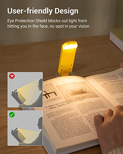 DEWENWILS Rechargeable Book Light for Reading in Bed, Warm White, Brightness Adjustable for Eye Care, LED Clip on Book Lights for Kids, Portable Bookmark Light, Yellow | 315° Flexible Holder Bends, 2 Brightness Levels, Warm White, Portable Bookmark Light