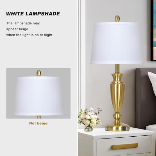 Rinweey 27'' Gold Table Lamps for Living Room with White Lampshade, 3 Way Touch Control Bedside Lamps Set of 2 with USB A+C Ports, Modern Metal Nightstand Lamp for Bedroom Office End Table - color: Gold-27"H