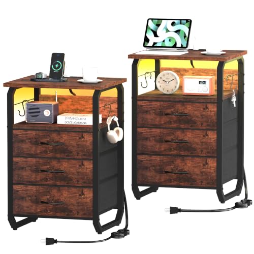 runjuly End Tables Set of 2 with Charging Station, LED Lights, Hooks, Brown | 3 Large Fabric Drawers, USB C Ports & Power Outlets, Metal Night Stand Pair, Storage Nightstand for Living Room / Bedroom - color: Rustic Brown, style: Larger+Taller Set of 2