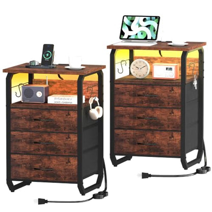 runjuly End Tables Set of 2 with Charging Station, LED Lights, Hooks, Brown | 3 Large Fabric Drawers, USB C Ports & Power Outlets, Metal Night Stand Pair, Storage Nightstand for Living Room / Bedroom - color: Rustic Brown, style: Larger+Taller Set of 2