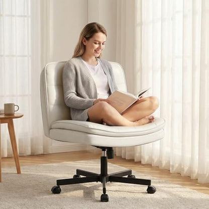 GTPLAYER Cross Legged Office Chair, Armless Desk Chair Cute Vanity Chair with Wheels Computer Chair Comfy Wide Office Chair Adjustable Swivel for Home Computer Task,Pu Leather Beige - color: Velvet-dark Gray, size: Small