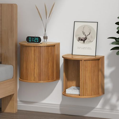 Floating Nightstand Set of 2,Wooden Wall-Mounted Nightstand with Fluted Sliding Roll-Up Door,Space-Saving,Suitable for Small Space Bedroom,Living Room - color: Walnut-floating Nightstand Set of 2