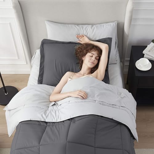 Nestl 5 Piece Twin Comforter Set – Dark Grey Reversible Bed in a Bag – Complete Twin Size Bedding Set with Sheets, Pillowcase and Sham - color: Dark Grey, size: Twin