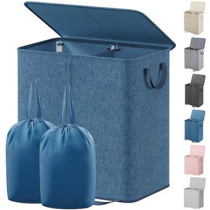 Lifewit Double Laundry Hamper with Lid and Removable Laundry Bags, Large Collapsible 2 Dividers Dirty Clothes Basket with Handles for Bedroom Laundry Room Closet Bathroom College, 136L Blue - color: Blue, size: 136L