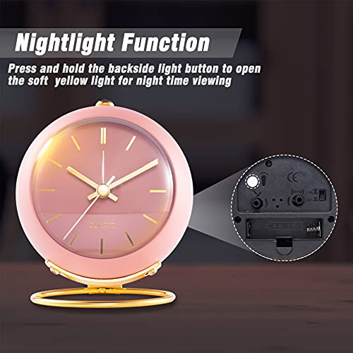 AYRELY® Battery Operated Analog Desk Alarm Clock with Light, Table Clock | Retro Aesthetic Clock with Silent Non-Ticking Movement for Bedside, Bedroom, Kitchen, Office, Travel & Kids' Room(Pink) - color: Pink