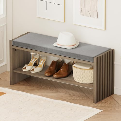 Shoe Storage Bench Bedroom, Entryway Bench with Cushion, Ottoman Benches for Living Room Hallway Entry (Greige Oak, 40 Inch Wide) - color: Greige Oak