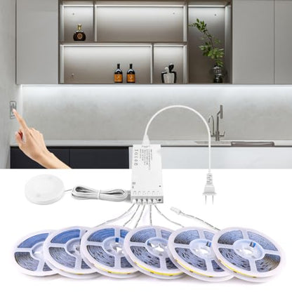 AIMENGTE Cabinet Light, LED Strip Lights, 6-in-1 12V COB Under Cabinet Lighting with Penetrable Touch Dimming, Energy-Efficient, for Wine Cabinets, Shoe Racks, Wardrobes, Kitchen Cabinets - color: Cold white 6500K, size: 6 X 3.3ft