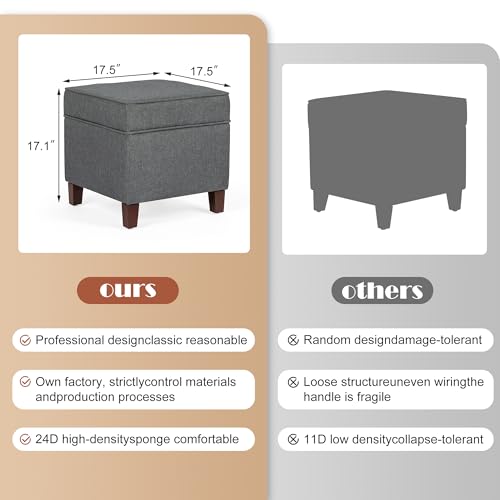 Linen Storage Ottoman with Wooden Legs, 17" Square Upholstered Footrest Stool, Extra Seat or Coffee Table for Living Room, Bedroom, Entryway, Dark Grey - color: Dark Grey