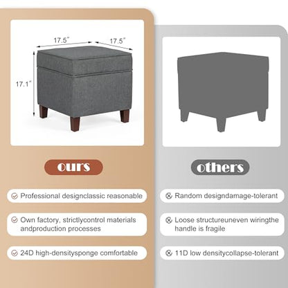 Linen Storage Ottoman with Wooden Legs, 17" Square Upholstered Footrest Stool, Extra Seat or Coffee Table for Living Room, Bedroom, Entryway, Dark Grey - color: Dark Grey