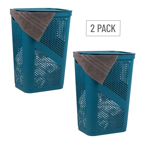 Mind Reader 60L Slim Laundry Hamper, Clothes Basket, Lid, Ventilated, Plastic, Set of 2, Blue - color: Blue, size: 2-Pack