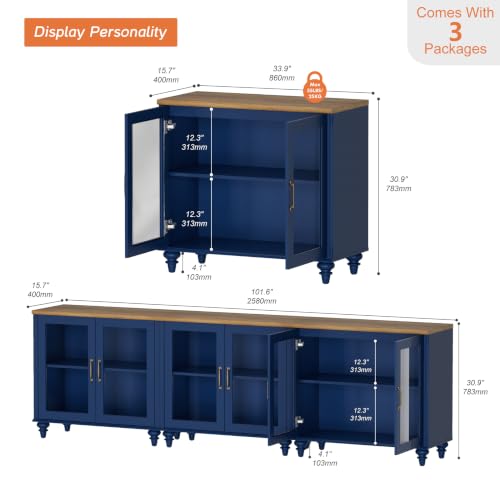 WAMPAT Farmhouse TV Stand for 100 Inch TV, Glass Wooden Universal TV Stand with 3 Storage Cabinets, Entertainment Center for 75/80/85/90 Inch TV, Console Table for Living Room, Bedroom, Navy Blue - color: Navy Blue-a, size: 3
