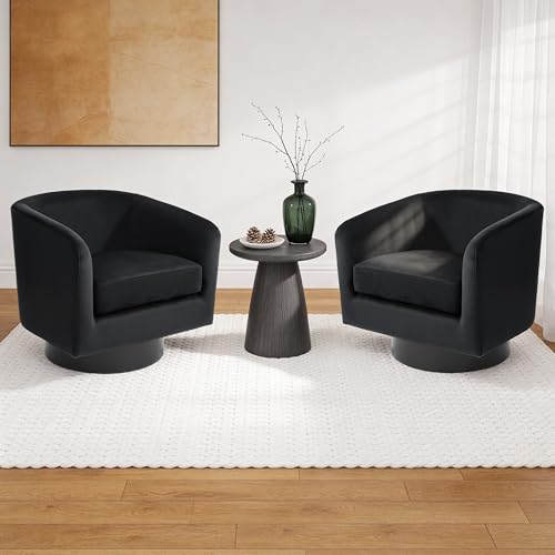 Swivel Barrel Accent Chair, Comfy Reading Armchair, Black, Set of 1 | Club Chairs for Adults, Low-Back Design, Modern Round Style, Solid Wood Frame & Metal Swivel Base, For Living Room & Bedroom - color: Black