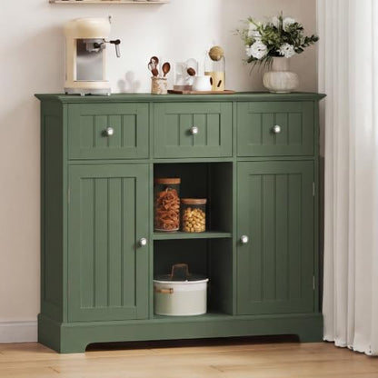 ChooChoo 35.4" Coffee Bar Cabinet with 3 Drawers and 2 Doors, Green | Buffet Cabinet with Adjustable Shelves, Storage Cabinet for Compact Kitchens, Dining rooms and Living rooms - color: Green