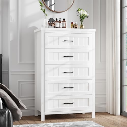 Jocoevol 5 Drawer Dresser for Bedroom - Farmhouse 44.9" Tall Chest of Dresser with Large Storage, Rubst Wood Construction for Living Room, Hallway & Entryway - White - color: White