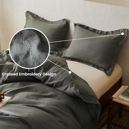 Simple&Opulence 100% Linen Duvet Cover Set with Crossed Embroidery Washed - 3 Pieces (1 Duvet Cover with 2 Pillow Shams) Soft Breathable Farmhouse - Cushing Green, Queen Size - color: Crossed-cushing Green, size: Queen