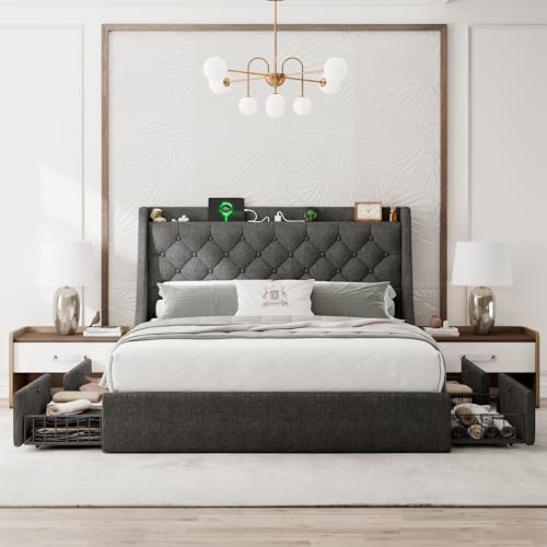 Einhomn Full Size Bed Frame with 4 Storage Drawers, Upholstered Bed Frame with Large Wingback Headboard, Charging Station, No Box Spring Needed, Dark Grey - color: Dark Gray, size: Full