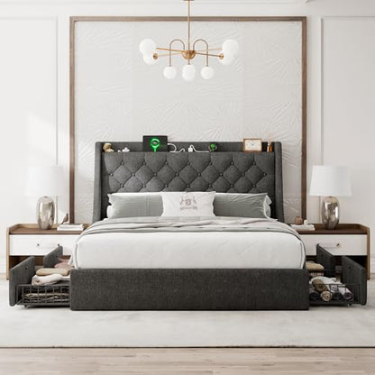 Einhomn Full Size Bed Frame with 4 Storage Drawers, Upholstered Bed Frame with Large Wingback Headboard, Charging Station, No Box Spring Needed, Dark Grey - color: Dark Gray, size: Full