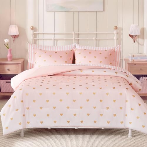 Full Size Comforter Sets with Sheets for Girls-7 Pieces Full Size Bed Set | Soft Bed in a Bag, Lightweight Comforter with Pillowcases & Shams, Gold Foil Hearts , 76" X 86" - color: Gold Heart, size: Full
