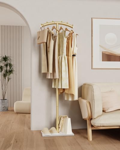 Modern Coat Racks,T-Shaped Coat Stand with Rock Base,68.9in Gold | Metal Garment Racks with Anti Slip Knot,Arcuate Clothes Display Hanger with Natural Patterned Bottom Plate for Bedroom - color: Gold