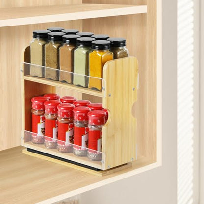 2 Tier Pull Out Spice Rack Organizer, Bamboo Sliding Spice Rack for Kitchen | Cabinet, (4.4" W x 10.6" D x 10.4" H) Spice Storage, Pantry Organization