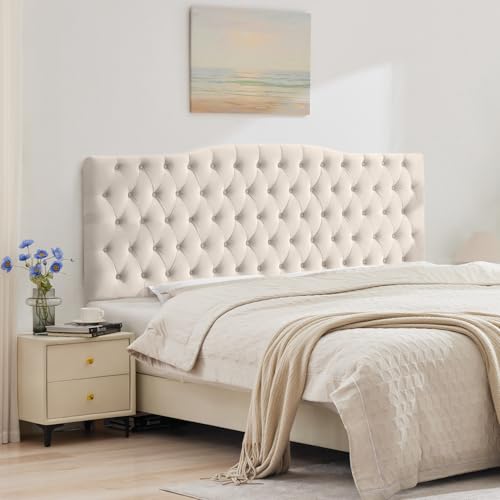 Iroomy Upholstered High Queen Headboard, Button Diamond Tufted Headboard with Adjustable Height and Solid Wood Leg, Linen Fabric Padded Headboards for Queen Size Bed, Mordern Head Board, Beige-Velvet - color: Beige-velvet, size: High Queen