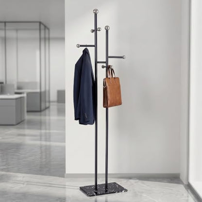 Heavy Duty Office Coat Rack Freestanding, Marble Base Metal | 1.0mm thickened iron tree with 8 stainless steel hooks. Anti-toppling heavy marble base for modern office & reception. - color: black