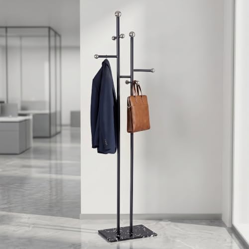 Heavy Duty Office Coat Rack Freestanding, Marble Base Metal | 1.0mm thickened iron tree with 8 stainless steel hooks. Anti-toppling heavy marble base for modern office & reception. - color: black