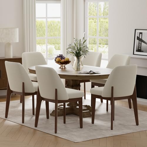 VKNOW Upholstered Wooden Dining Chairs Set of 6 with Modern Fabric, Beige | Modern Dining Room Chairs with Wood Legs, Kitchen Chairs for Restaurant, Living Room, No Wobble - color: Beige-brown Leg, size: 6 PCS