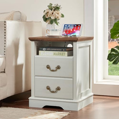 Farmhouse Night Stand with Charging Station, White | 2 Drawers End Tables Bedroom, Bedside Table with Rustic Handles & Floor-Standing Thickened Foot & Open Shelf - color: White, size: 18"D x 18"W x 24"H (2 Drawers)