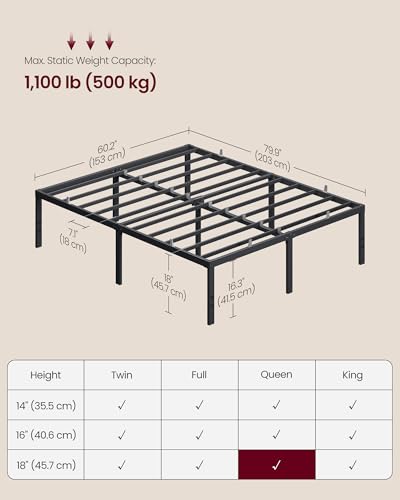 VASAGLE Queen Metal Bed Frame 18 Inches Tall, 1100 lb Weight Capacity, No Box Spring Needed, with Under-Bed Storage, Easy Setup, Heavy-Duty Platform Bed, Mattress Retainers, Matte Black URMB671BD02S - size: Queen, style: 18 Inch